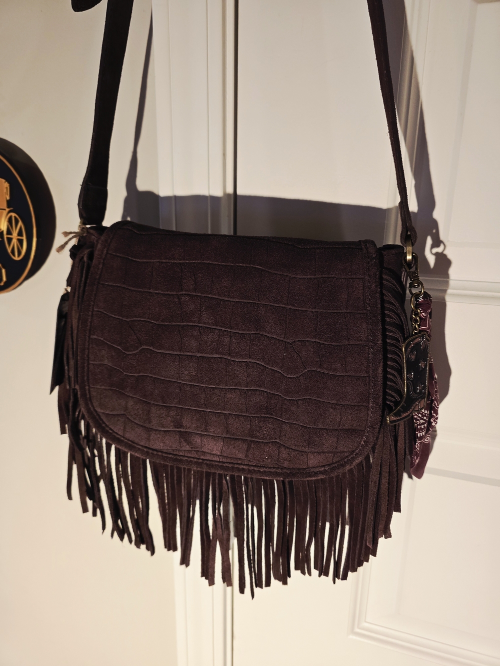 Fringed Croc-Embossed Suede Crossbody Bag - Dk Brown
